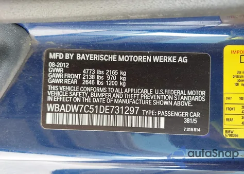 2013 BMW 328I из США, поврежденный, VIN WBADW7C51DE731297